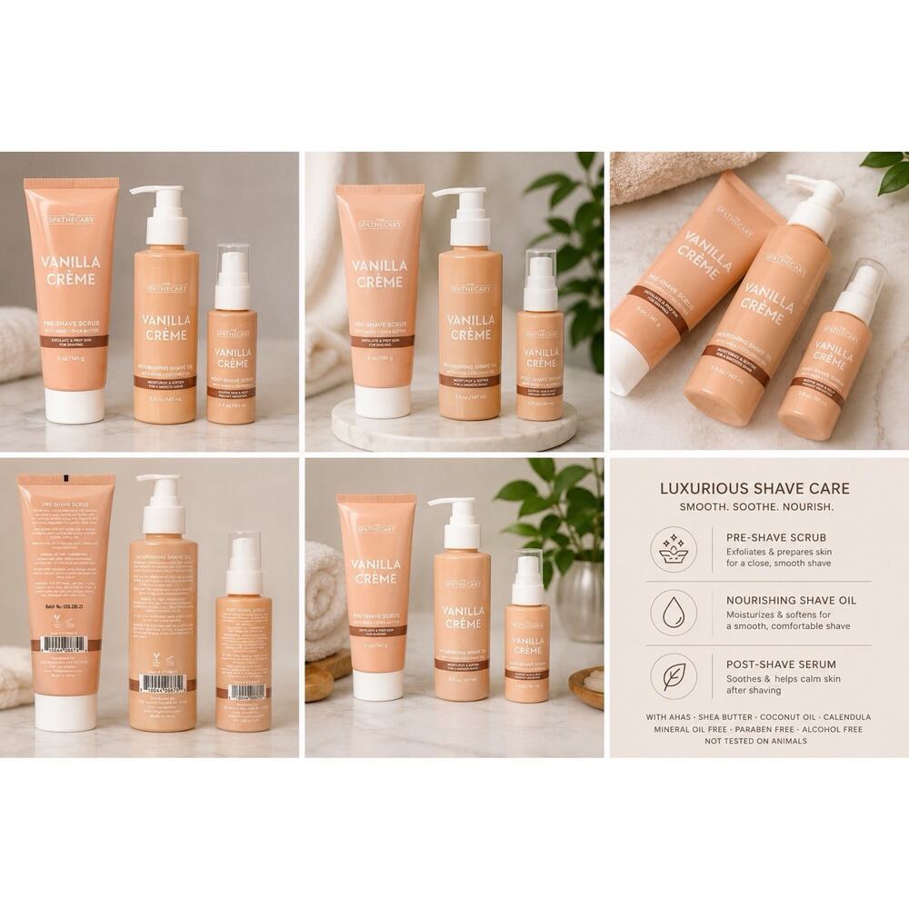 The Spathecary Vanilla Crème Shave Care Set Scrub Oil Serum 3pc NEW